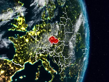 Çek Cumhuriyeti Planet Earth görünür ülke sınırları ile gece uzaydan. 3D çizim. Nasa tarafından döşenmiş bu görüntü unsurları.