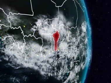 Benin Planet Earth görünür ülke sınırları ile gece uzaydan. 3D çizim. Nasa tarafından döşenmiş bu görüntü unsurları.