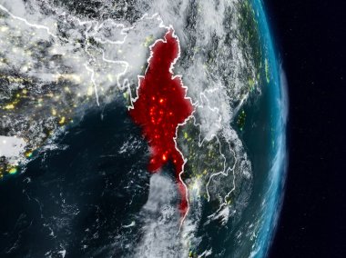 Myanmar Planet Earth görünür ülke sınırları ile gece uzaydan. 3D çizim. Nasa tarafından döşenmiş bu görüntü unsurları.