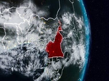 Kamerun Planet Earth görünür ülke sınırları ile gece uzaydan. 3D çizim. Nasa tarafından döşenmiş bu görüntü unsurları.