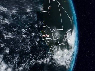 Gambiya Planet Earth görünür ülke sınırları ile gece uzaydan. 3D çizim. Nasa tarafından döşenmiş bu görüntü unsurları.