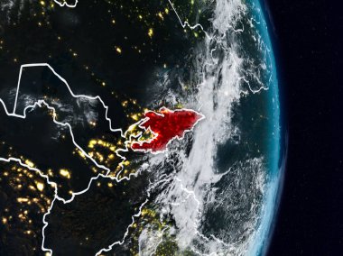 Kırgızistan Planet Earth görünür ülke sınırları ile gece uzaydan. 3D çizim. Nasa tarafından döşenmiş bu görüntü unsurları.