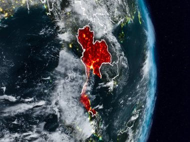 Tayland Planet Earth görünür ülke sınırları ile gece uzaydan. 3D çizim. Nasa tarafından döşenmiş bu görüntü unsurları.