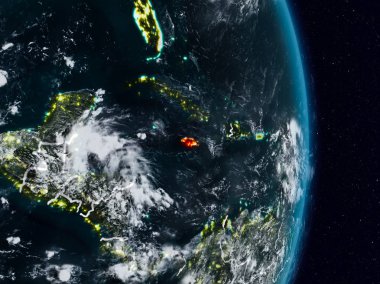 Jamaika Planet Earth görünür ülke sınırları ile gece uzaydan. 3D çizim. Nasa tarafından döşenmiş bu görüntü unsurları.