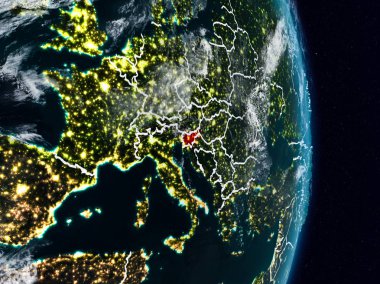 Slovenya Planet Earth görünür ülke sınırları ile gece uzaydan. 3D çizim. Nasa tarafından döşenmiş bu görüntü unsurları.