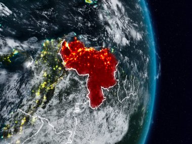 Venezuela Planet Earth görünür ülke sınırları ile gece uzaydan. 3D çizim. Nasa tarafından döşenmiş bu görüntü unsurları.