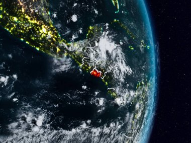 El Salvador Planet Earth görünür ülke sınırları ile gece uzaydan. 3D çizim. Nasa tarafından döşenmiş bu görüntü unsurları.
