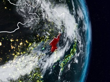Kuzey Kore Planet Earth görünür ülke sınırları ile gece uzaydan. 3D çizim. Nasa tarafından döşenmiş bu görüntü unsurları.