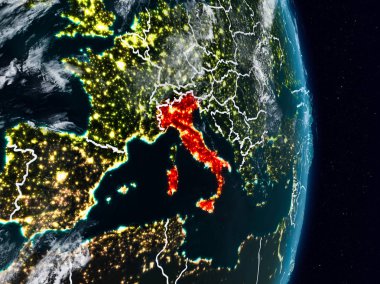 İtalya Planet Earth görünür ülke sınırları ile gece uzaydan. 3D çizim. Nasa tarafından döşenmiş bu görüntü unsurları.