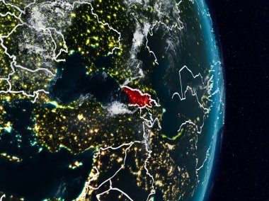 Gürcistan'dan alan Planet Earth görünür ülke sınırları ile gece. 3D çizim. Nasa tarafından döşenmiş bu görüntü unsurları.
