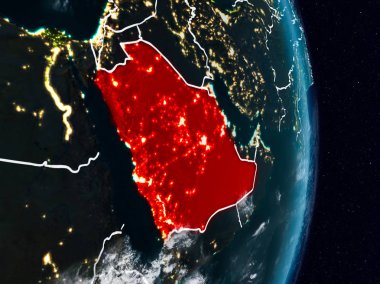 Suudi Arabistan Planet Earth görünür ülke sınırları ile gece uzaydan. 3D çizim. Nasa tarafından döşenmiş bu görüntü unsurları.