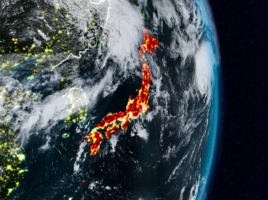 Gezegeni uzaydan görünür ülke sınırları ile gece Japonya. 3D çizim. Nasa tarafından döşenmiş bu görüntü unsurları.
