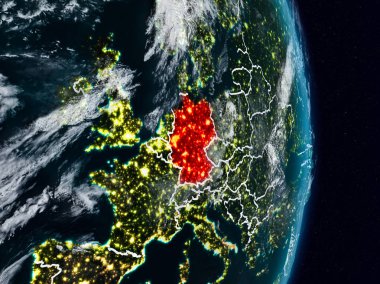 Almanya Planet Earth görünür ülke sınırları ile gece uzaydan. 3D çizim. Nasa tarafından döşenmiş bu görüntü unsurları.
