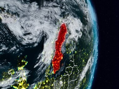 İsveç Planet Earth görünür ülke sınırları ile gece uzaydan. 3D çizim. Nasa tarafından döşenmiş bu görüntü unsurları.