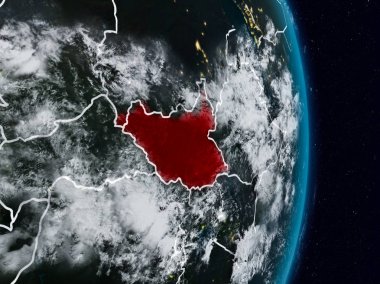 Güney Sudan Planet Earth görünür ülke sınırları ile gece uzaydan. 3D çizim. Nasa tarafından döşenmiş bu görüntü unsurları.