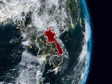 Laos Planet Earth görünür ülke sınırları ile gece uzaydan. 3D çizim. Nasa tarafından döşenmiş bu görüntü unsurları.
