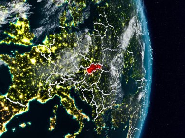 Slovakya Planet Earth görünür ülke sınırları ile gece uzaydan. 3D çizim. Nasa tarafından döşenmiş bu görüntü unsurları.