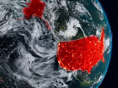 ABD Planet Earth görünür ülke sınırları ile gece uzaydan. 3D çizim. Nasa tarafından döşenmiş bu görüntü unsurları.