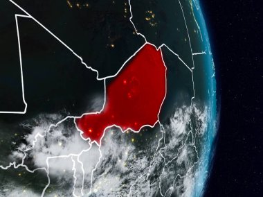 Nijer Planet Earth görünür ülke sınırları ile gece uzaydan. 3D çizim. Nasa tarafından döşenmiş bu görüntü unsurları.