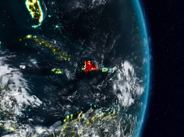 Dominik Cumhuriyeti Planet Earth görünür ülke sınırları ile gece uzaydan. 3D çizim. Nasa tarafından döşenmiş bu görüntü unsurları.