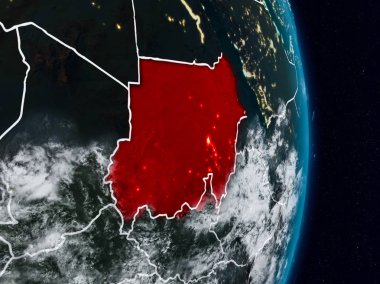 Sudan Planet Earth görünür ülke sınırları ile gece uzaydan. 3D çizim. Nasa tarafından döşenmiş bu görüntü unsurları.