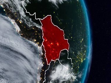 Bolivya Planet Earth görünür ülke sınırları ile gece uzaydan. 3D çizim. Nasa tarafından döşenmiş bu görüntü unsurları.