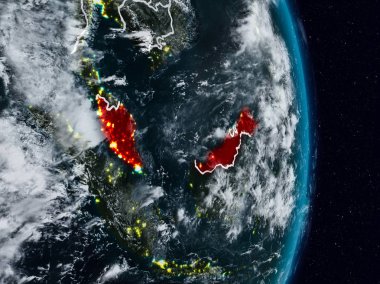 Malezya Planet Earth görünür ülke sınırları ile gece uzaydan. 3D çizim. Nasa tarafından döşenmiş bu görüntü unsurları.