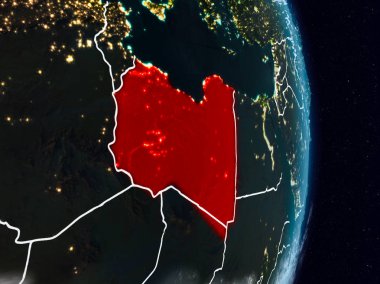 Libya Planet Earth görünür ülke sınırları ile gece uzaydan. 3D çizim. Nasa tarafından döşenmiş bu görüntü unsurları.