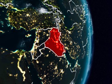 Irak Planet Earth görünür ülke sınırları ile gece uzaydan. 3D çizim. Nasa tarafından döşenmiş bu görüntü unsurları.