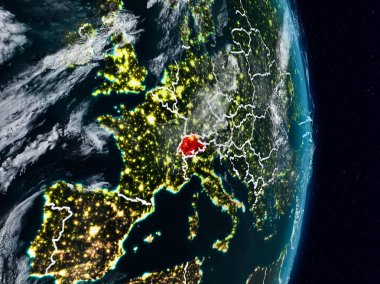 İsviçre Planet Earth görünür ülke sınırları ile gece uzaydan. 3D çizim. Nasa tarafından döşenmiş bu görüntü unsurları.