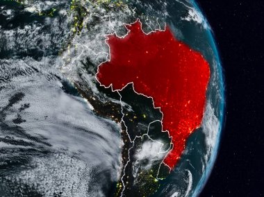 Brezilya Planet Earth görünür ülke sınırları ile gece uzaydan. 3D çizim. Nasa tarafından döşenmiş bu görüntü unsurları.