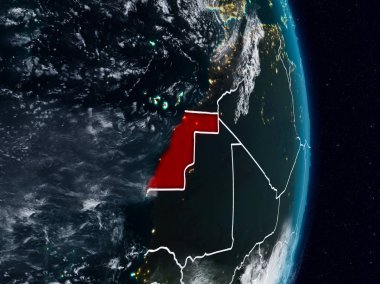 Batı Sahra Planet Earth görünür ülke sınırları ile gece uzaydan. 3D çizim. Nasa tarafından döşenmiş bu görüntü unsurları.