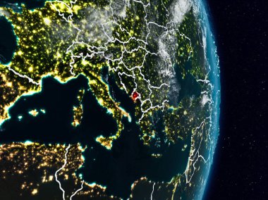 Karadağ Planet Earth görünür ülke sınırları ile gece uzaydan. 3D çizim. Nasa tarafından döşenmiş bu görüntü unsurları.