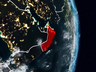 Umman Planet Earth görünür ülke sınırları ile gece uzaydan. 3D çizim. Nasa tarafından döşenmiş bu görüntü unsurları.