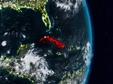 Küba'dan alan Planet Earth görünür ülke sınırları ile gece. 3D çizim. Nasa tarafından döşenmiş bu görüntü unsurları.
