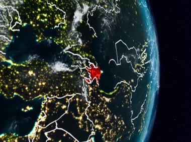Azerbaycan Planet Earth görünür ülke sınırları ile gece uzaydan. 3D çizim. Nasa tarafından döşenmiş bu görüntü unsurları.
