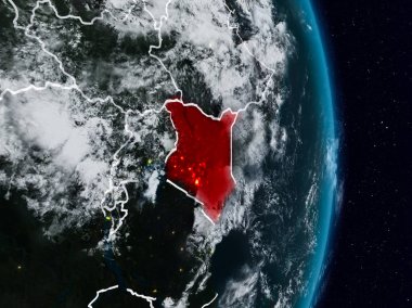 Kenya Planet Earth görünür ülke sınırları ile gece uzaydan. 3D çizim. Nasa tarafından döşenmiş bu görüntü unsurları.