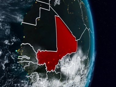 Mali Planet Earth görünür ülke sınırları ile gece uzaydan. 3D çizim. Nasa tarafından döşenmiş bu görüntü unsurları.