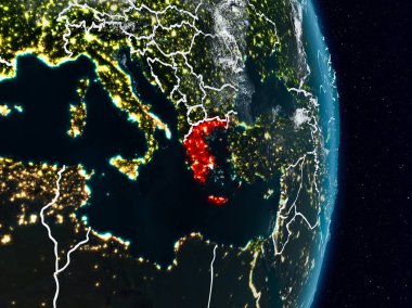 Yunanistan Planet Earth görünür ülke sınırları ile gece uzaydan. 3D çizim. Nasa tarafından döşenmiş bu görüntü unsurları.