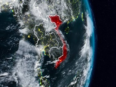 Vietnam Planet Earth görünür ülke sınırları ile gece uzaydan. 3D çizim. Nasa tarafından döşenmiş bu görüntü unsurları.
