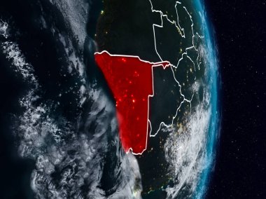 Namibya Planet Earth görünür ülke sınırları ile gece uzaydan. 3D çizim. Nasa tarafından döşenmiş bu görüntü unsurları.