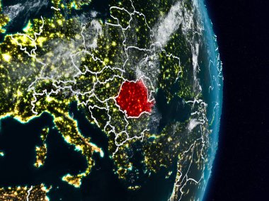 Romanya Planet Earth görünür ülke sınırları ile gece uzaydan. 3D çizim. Nasa tarafından döşenmiş bu görüntü unsurları.