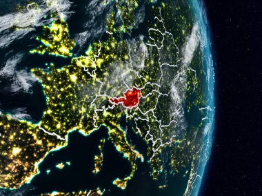 Avusturya Planet Earth görünür ülke sınırları ile gece uzaydan. 3D çizim. Nasa tarafından döşenmiş bu görüntü unsurları.