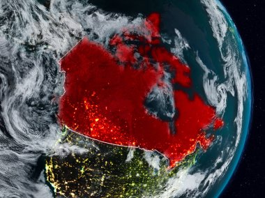 Kanada Planet Earth görünür ülke sınırları ile gece uzaydan. 3D çizim. Nasa tarafından döşenmiş bu görüntü unsurları.