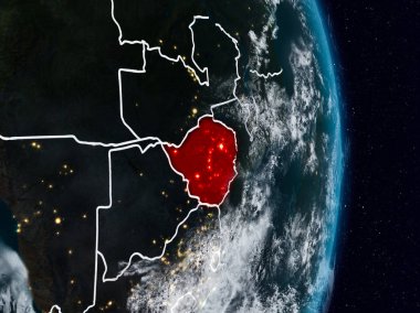 Zimbabve Planet Earth görünür ülke sınırları ile gece uzaydan. 3D çizim. Nasa tarafından döşenmiş bu görüntü unsurları.