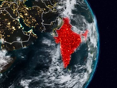 Planet Earth görünür ülke sınırları ile gece uzaydan Hindistan. 3D çizim. Nasa tarafından döşenmiş bu görüntü unsurları.