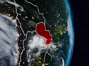 Paraguay Planet Earth görünür ülke sınırları ile gece uzaydan. 3D çizim. Nasa tarafından döşenmiş bu görüntü unsurları.