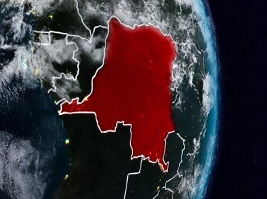 Demokratik Kongo Cumhuriyeti Planet Earth görünür ülke sınırları ile gece uzaydan. 3D çizim. Nasa tarafından döşenmiş bu görüntü unsurları.
