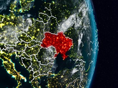 Ukrayna Planet Earth görünür ülke sınırları ile gece uzaydan. 3D çizim. Nasa tarafından döşenmiş bu görüntü unsurları.