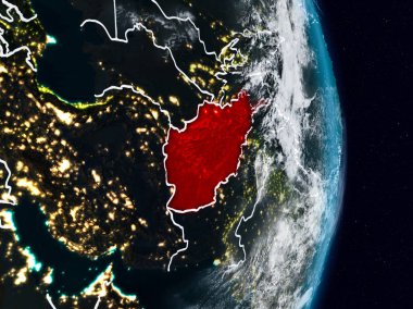 Afganistan Planet Earth görünür ülke sınırları ile gece uzaydan. 3D çizim. Nasa tarafından döşenmiş bu görüntü unsurları.